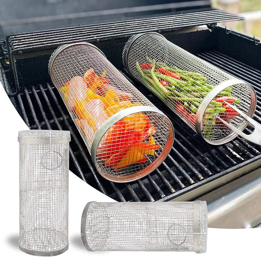 Rolling Grilling Basket – Stainless Steel Mesh BBQ Cylinder