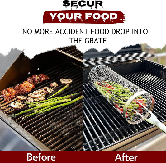 Rolling Grilling Basket – Stainless Steel Mesh BBQ Cylinder