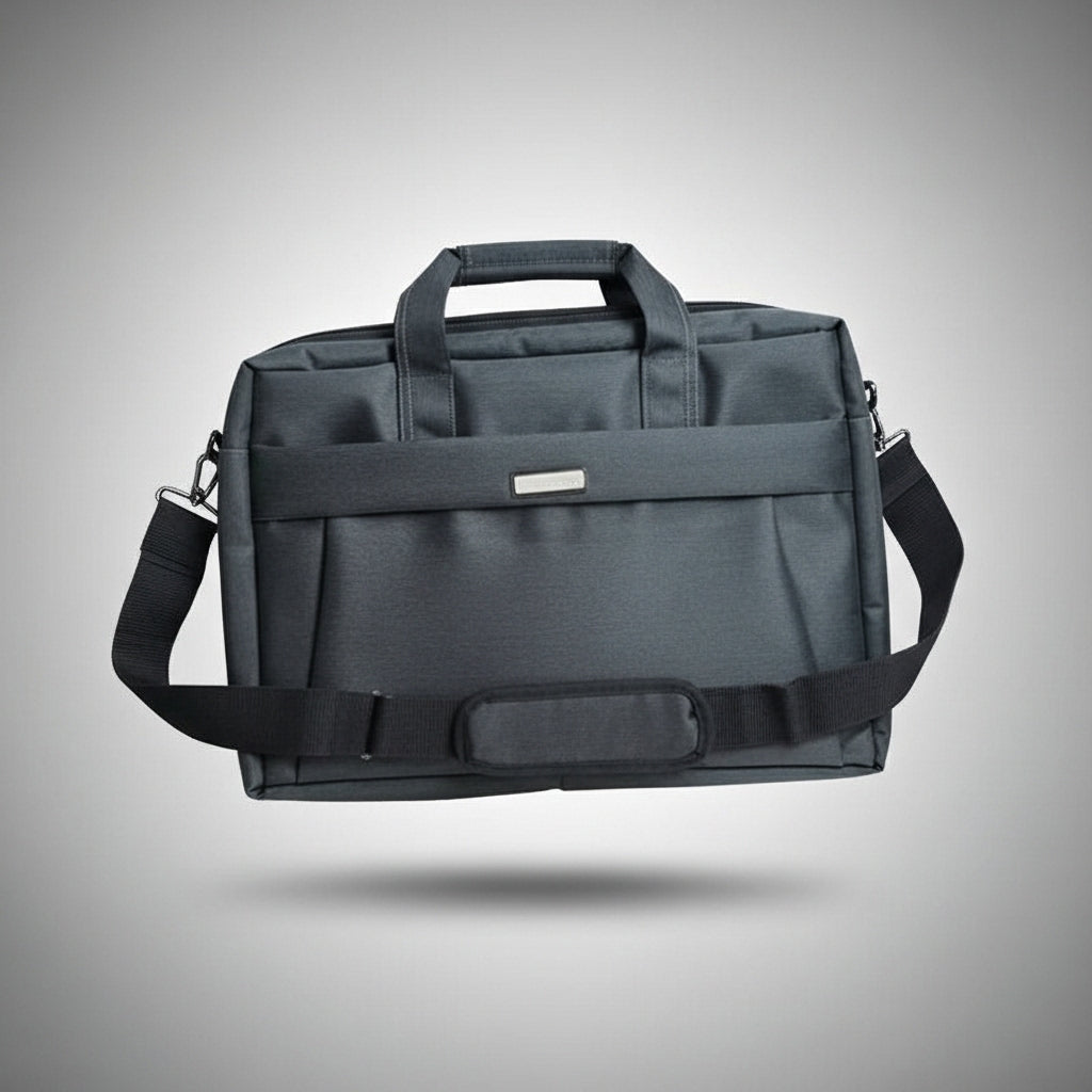 Black MaxPro Laptop Bag with shoulder strap on a gray background