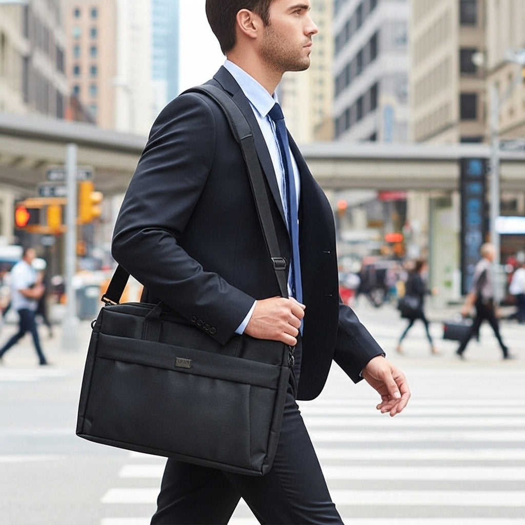 Man in a suit walking across a city street with a black MaxPro Laptop Bag.