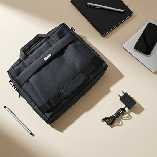 Black MaxPro Laptop Bag on a beige surface with a phone, pen, and charger.