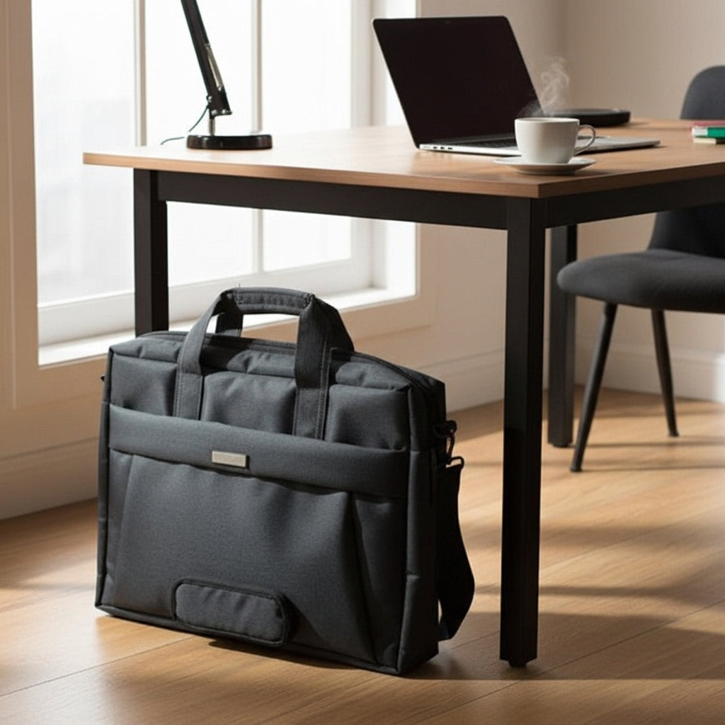 Black MaxPro Laptop Bag on a wooden floor with a desk and laptop in the background